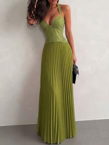 Elegant Sexy Spaghetti Strap Long Fitted Dress, Summer Green Lace Backless Ruffle Dress, Suitable For Outings, Cocktail Parties, And Formal Events - Green - View 6