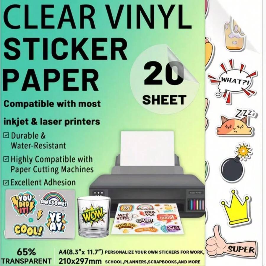 20 Sheets Printable Vinyl Sticker Paper, Translucent A4 (21.08X29.72 Cm) 65% Clear Self-Adhesive Sheets, Quick-Dry Vivid Colors Decal Paper, Tear-Resistant For Inkjet Printers