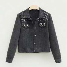 Chaqueta vaquera suelta y sólida para mujer con bolsillos, desgastada, con remaches y adornos de perlas, de estilo casual - Gris Oscuro - Ver 3