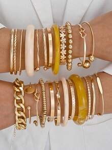 15/4pcs Fashionable Elegant Minimalist Floral, Star, Heart, Knot Bracelet Set For Women, Suitable For Vacation, Party, Date, Travel, Photo Shoot, Banquet, Daily Matching, New Versatile Combination - Yellow Gold - View 1