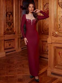 性感圆领单肩袖镂空系带褶皱紧身迷你连衣裙 - 酒紅色 - 查看 6