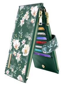 Women RFID Blocking Glitter Leather Multi Card Organizer Bifold Black Wallet With Zipper Pocket,Dark Green Flowers Festival Graduation Teacher Appreciation Gifts Birthday Gift Mother Gifts Mothers Day Gift Holiday Essentials Graduation Gifts Cute For Women Money Wallet Purse Wallet Long Wallet Travel Essential - Multicolor - View 1