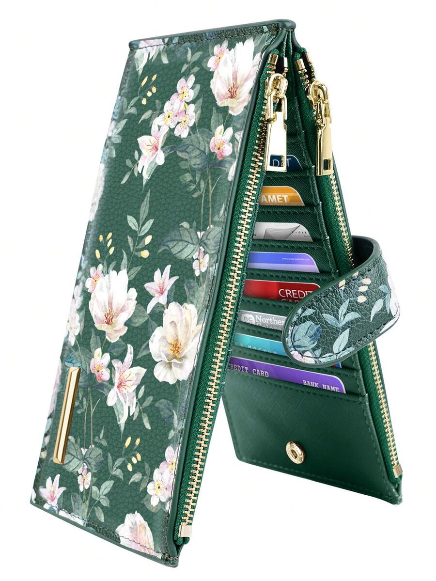 Women RFID Blocking Glitter Leather Multi Card Organizer Bifold Black Wallet With Zipper Pocket,Dark Green Flowers Festival Graduation Teacher Appreciation Gifts Birthday Gift Mother Gifts Mothers Day Gift Holiday Essentials Graduation Gifts Cute For Women Money Wallet Purse Wallet Long Wallet Travel Essential - Multicolor - View 1