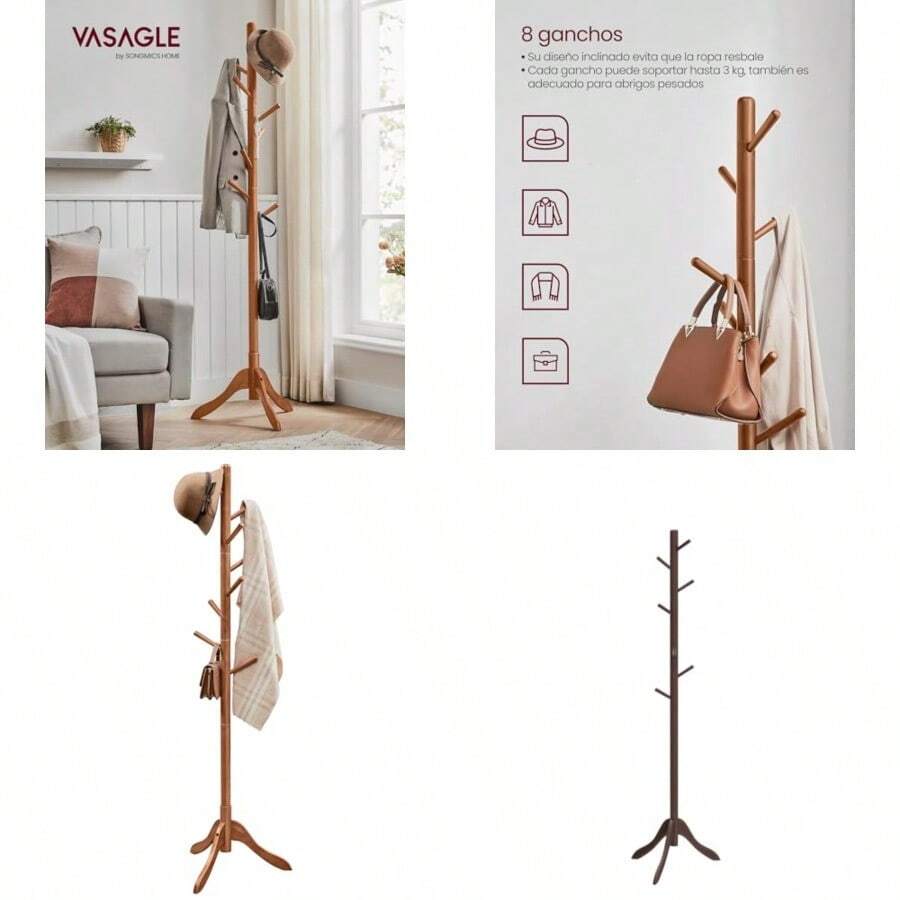 VASAGLE Perchero de Madera Maciza 3 Alturas Ajustables 51 1 x 44 3 x 177 cm Ropa Sombrero Salón Dormitorio Oficina MRCR01WNV2 - Bastante Oscuro - Ver 1