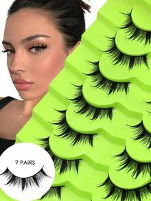 7 Pairs Cartoon Style Wet Faux Mink Eyelashes 3D C Curl Fluffy Spiky Crossed Full Eye Lashes Luxury Fluffy Fairy False Eyelashes, Suitable For Party And Cosplay, Perfect For Vacation, Reusable, Makeup Essential, Beach Makeup, Travel Essential, Mother's Day Gift, Graduation Dress - Black - View 9