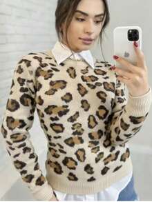 Women's Knitted Blouse With Leopard Print, Xela Malhas Tricot - Màu be - Xem 3