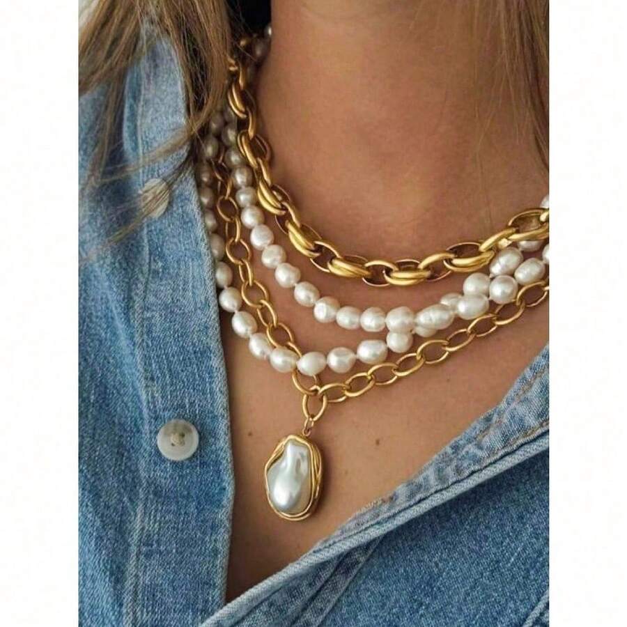 4pcs Women Necklace Set, Vintage Fashion Elegant Luxury High-Quality Pendant Necklace, Faux Pearl Beaded Necklace, Unique Personalized Necklace Suitable For Daily Wear, Gatherings, Parties, Ceremonies, Great Gift For Women On Holidays, Anniversaries, Birthdays - 金色 - 查看 1