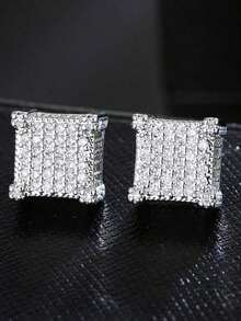 Copper-Tone Cubic Zirconia Square Shiny Stud Earrings, Hiphop Style For Men Party Wear - Bạc - Xem 5