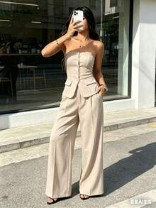 Strapless Bustier Set With Wide Leg Pants - Elegant Style For Women - 杏色 - 查看 5