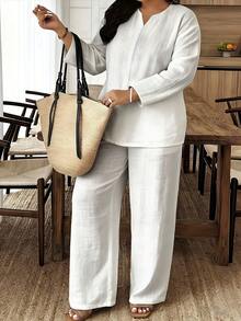 Plus Size Women's Pointed Collar Half Sleeve Long Pants Suit Solid White Linen Set With V Neck And Wide Legs Breathable And Skin-Friendly, Loose And Slimming, Suitable For Both Home And Outdoor Wear - style - 查看 2