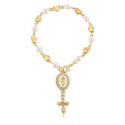 Adjustable Pearl Pendant, Virgin Diamond Cross Pendant, Heart Shaped Necklace, White Pearl Cross Pendant For Car/Luggage