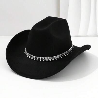 1 pieza Sombrero de fieltro de lana de unicolor y de un solo tirante para hombre, con decoración de patrón de diamantes, sombrero de vaquero occidental elegante, adecuado para novio, actuación, fiesta, al aire libre durante todo el año, unisex