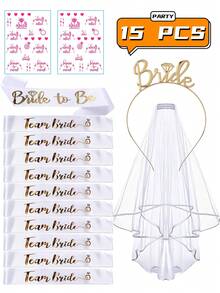 GCGIGUI 3pcs/13pcs Bride & Bachelorette Party Accessories Set, Including Ribbons, Veils, Headpieces For Bridal Shower, Rose Gold Wedding Bachelorette Party Decorations, Suitable For Bridal Shower And Bachelorette Party Games - White - View 16