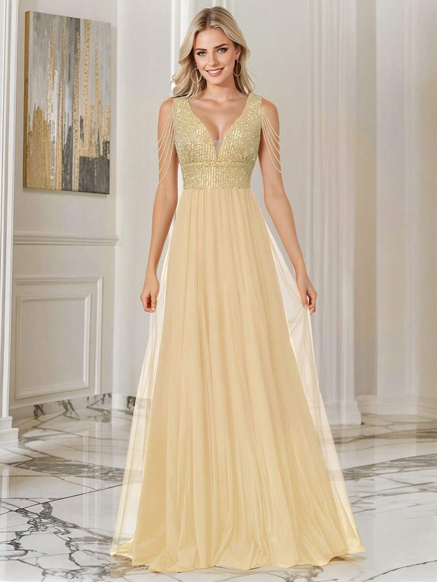 Váy cocktail đính sequin ôm sát cổ chữ V thời trang - Vàng - Xem 1