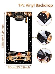 1Pc Black Gold Class Of 2026 Graduation Photo Frame,Congrats Grad Photo Booth Prop,120*60cm Vinyl Backdrop,Congratulations Graduation Celebration Decor,Graduation Party Supplies,Graduation Home Decor,Holiday Party Background Decor - Black and Gold - View 5