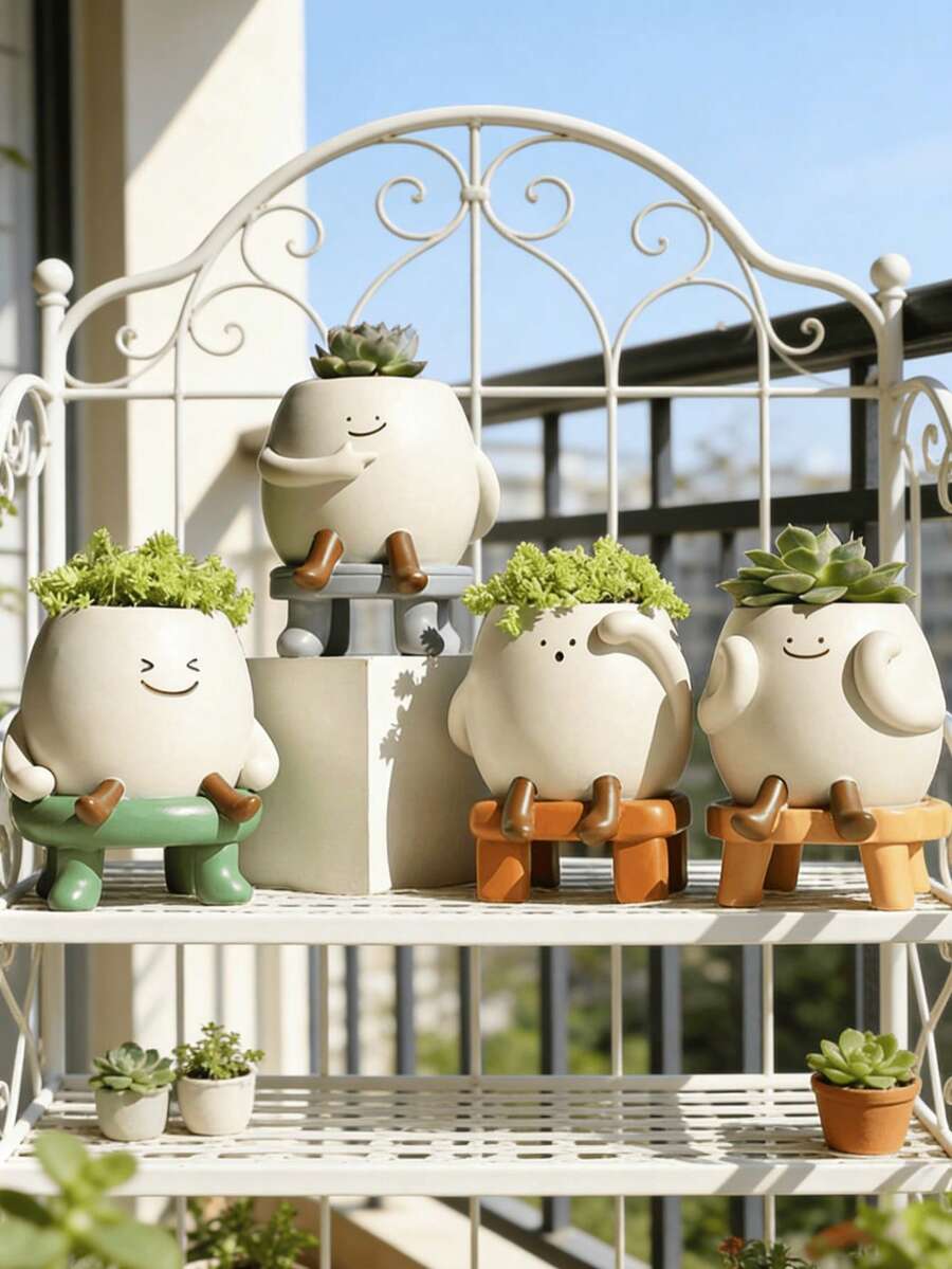 1个可爱卡通多肉植物花盆，创意人形坐姿设计，适合摆放在书桌、窗台、阳台、花园等处，作为可爱的植物容器和家居/办公室装饰品，是多肉植物爱好者的理想礼物。 - 多色 - 查看 1