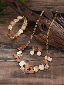 3pcs/Set Women's Fashion Bohemian Style Minimalist Khaki Geometric Necklace, Earrings And Bracelet Set, Suitable For Daily Wear, Party, Gala, Vacation, Music Festival, Beach, Mother's Day, Birthday And Other Occasions - Geometry - View 3