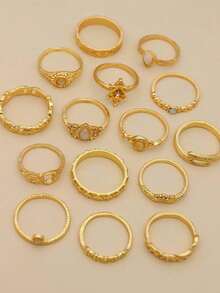 15pcs Gemstone & Rhinestone Decor Ring - 金色 - 查看 3