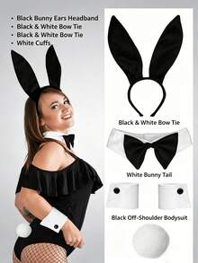 4件套兔耳朵头箍，女士兔女郎服装套装，带绒球尾巴、领结，性感兔女郎套装，兔耳朵头箍，角色扮演服装，兔女郎角色扮演道具 - 彩色 - 查看 7