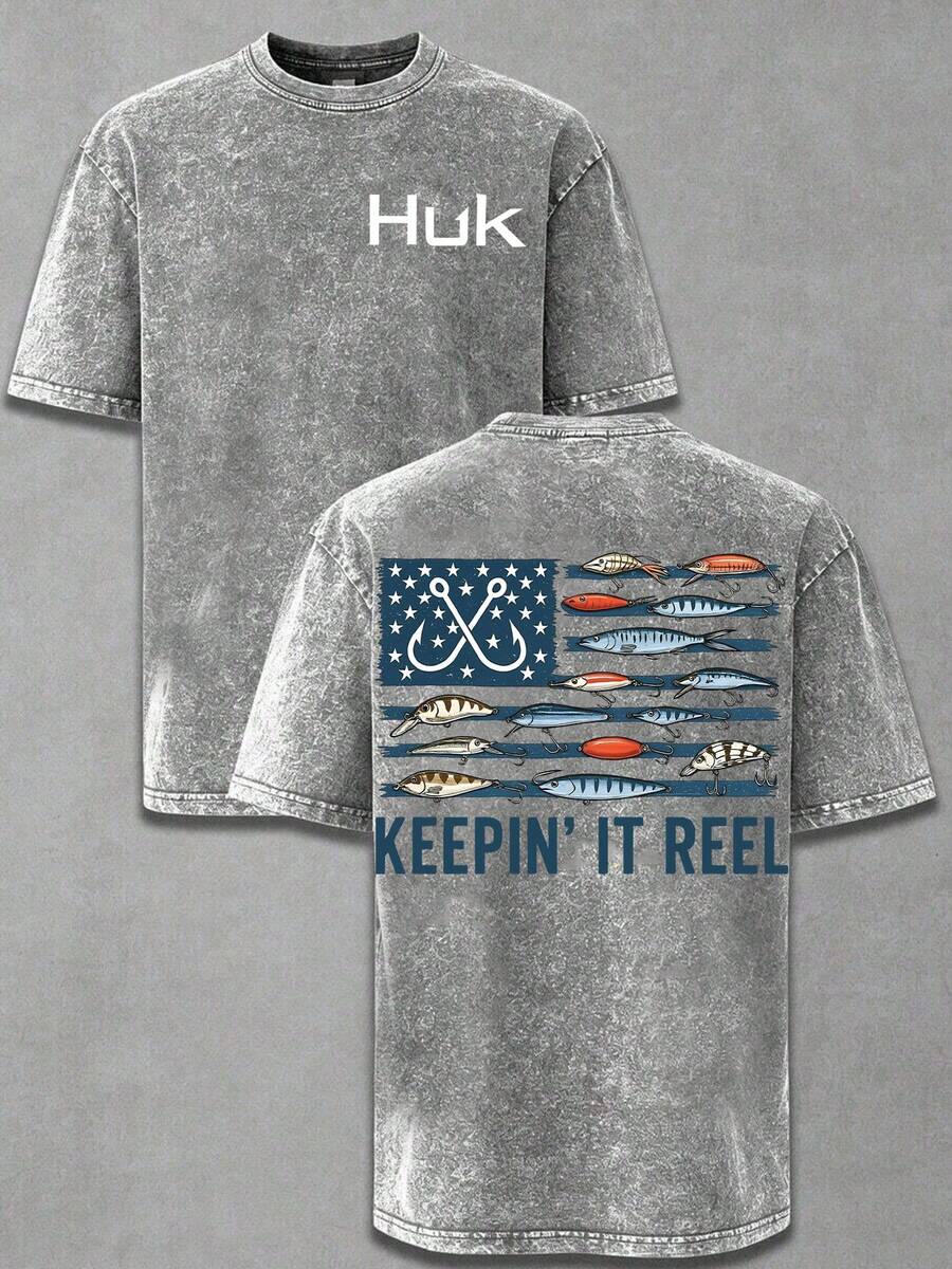 Huk Keepin' It Reel Fishing Lure American Flag Graphic T-Shirt, Vintage Acid Wash Oversized Fishing Tee, Outdoor Casual Streetwear Top For Men,Double-Sided Print Washed T-Shirt Holiday Gifts Y2K Men's Graphic Tees, Street - Style Vintage Washed T - Shirts, 230G Cotton T - Shirts, 100% Pure Cotton, Unisex Graphic Tees Halloween Back To School ShirtsNew Casual T-Shirts For Men And Women,Summer Outfits For Men - Grey - View 1