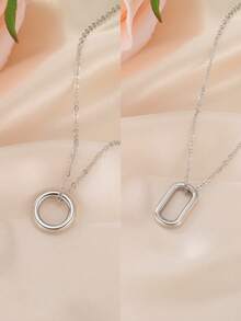 1pc Stainless Steel Rectangular & Round Geometric Minimalist Necklace, Fashionable Daily Wear, Birthday Gift - Geometric Necklace - View 1