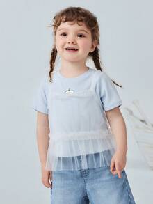 mini bala Girls Baby Short Sleeve Tee, Soft Breathable Mesh Layered Summer Top 2026 - 冰藍 - 查看 2