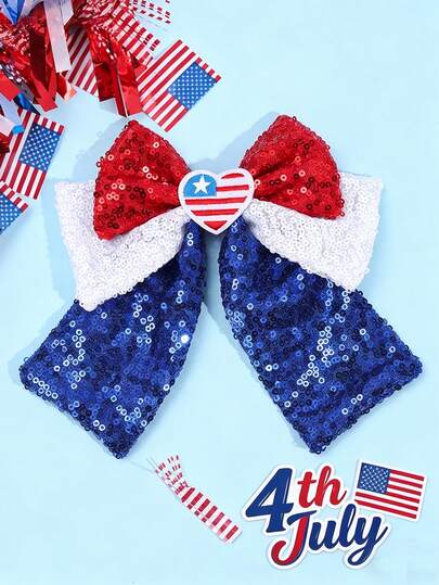 1pc 4th Of July Sequin Bow Hair Clip For Girls National Day Hair Bows, Fashionable And Sparkling Hair Clip Suitable For Holiday And Party Decoration Patriotic Large Bows, Holiday Gifts Girl Hair Accessories