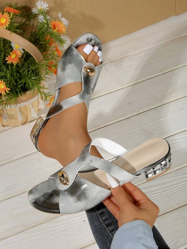 2026 Nuevas sandalias de tacón grueso con degradado de tinta para mujer, sandalias de tacón medio con hebilla hueca de cuero lacado para playa, resort, elegante, preppy, fiesta, vacaciones, casual, bohemio, lindo, cuero PU, hebilla hueca, playa, vacaciones, boda, fiesta, oficina, hogar, exterior, verano, otoño