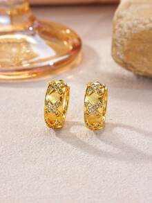 1 Pair Personalized Criss-Cross X Rhombus Zirconia Hoop Earrings, 18K Gold Plated Stylish Earrings, Gift For Commuting And Party Outfits - Yellow Gold - View 11