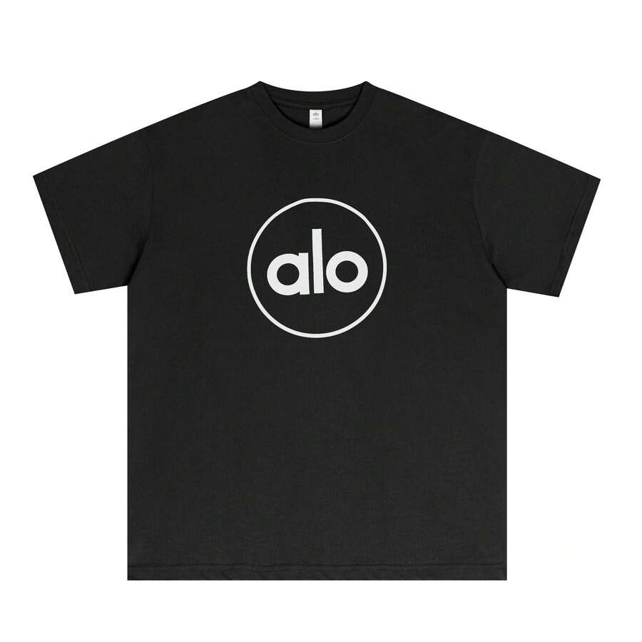 Alo Yoga Circle Letter Print Short-Sleeve T-Shirt, Heavyweight Pure Cotton, Loose Fit, Drop Shoulders, Unisex, Black - Xem 1