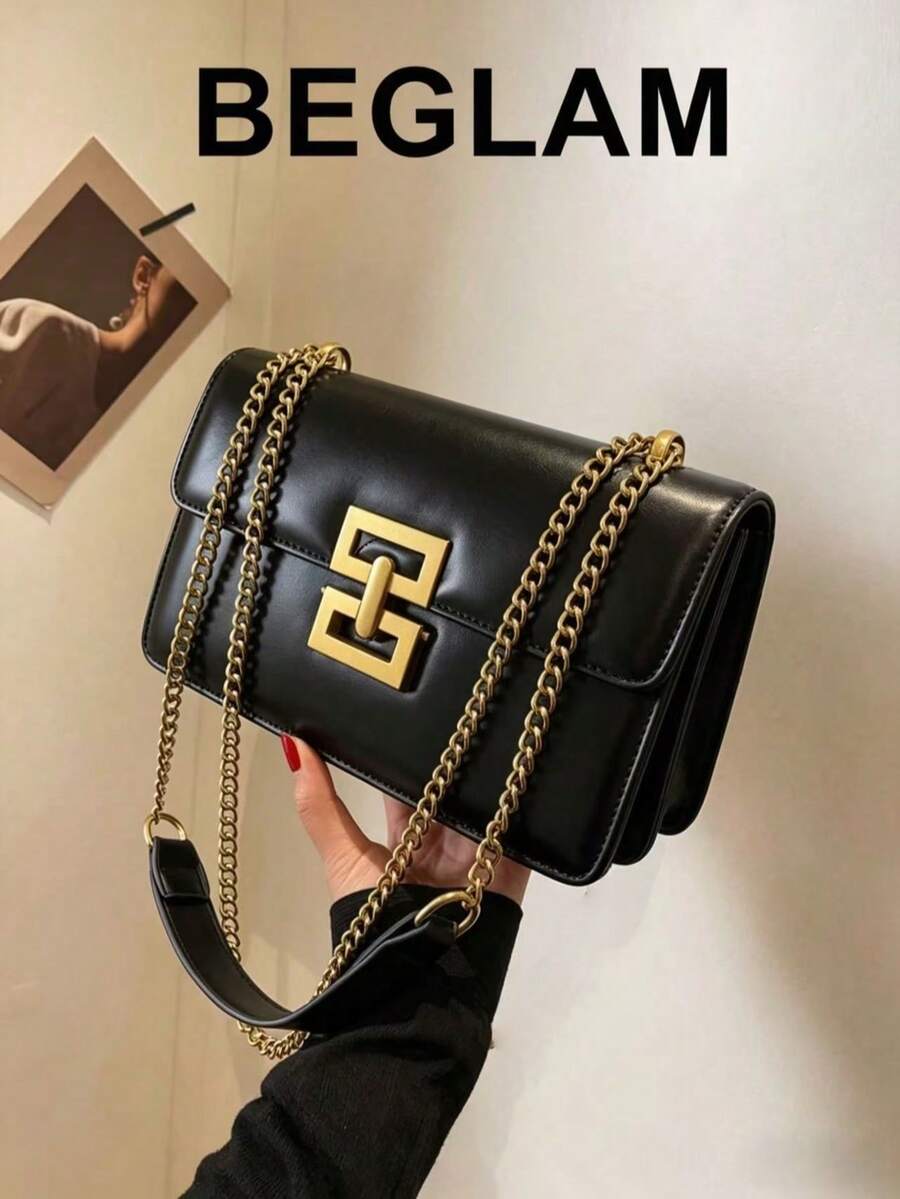 极简金属装饰链条单肩包,优雅PU斜挎包,翻盖单肩包,女士时尚手提包兼手机袋 - 黑色 - 查看 1