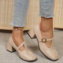Women's Fashion Casual Daily Commute Strap Buckle Design Square Toe High Heel Pumps - Khaki - View 3