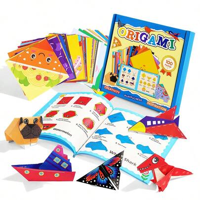 100 piezas Juego de papel de origami para principiantes, incluye papeles pre-impresos e instrucciones, kit de manualidades de animales/vehículos DIY, juguete educativo Montessori, adecuado para actividades escolares y regalos de cumpleaños