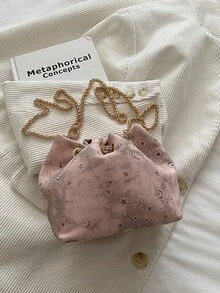 Fashionable Drawstring Printed Bucket Crossbody Bag, Versatile Chain Shoulder Bag For Women - Pink - View 5