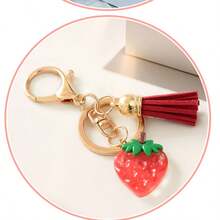 1pc Cross-Border Fruit Keychain Gift, Strawberry Pendant With Tassel, Alloy Keyring Charm Wholesale Accessory - Multicolor - View 4
