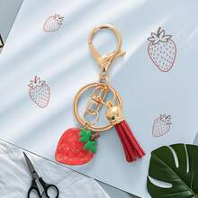 1pc Cross-Border Fruit Keychain Gift, Strawberry Pendant With Tassel, Alloy Keyring Charm Wholesale Accessory - Multicolor - View 8