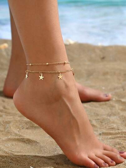1 pièce Bracelet de cheville à double couche avec pendentif étoile de mer mode pour femme, convient pour le port en été à la plage. (Remarque : En raison de différents lots de production, il peut y avoir de légères différences de couleur ; de plus, en raison de l'influence de l'éclairage et des angles de prise de vue, le produit réel peut avoir de légères différences de couleur par rapport aux images.)