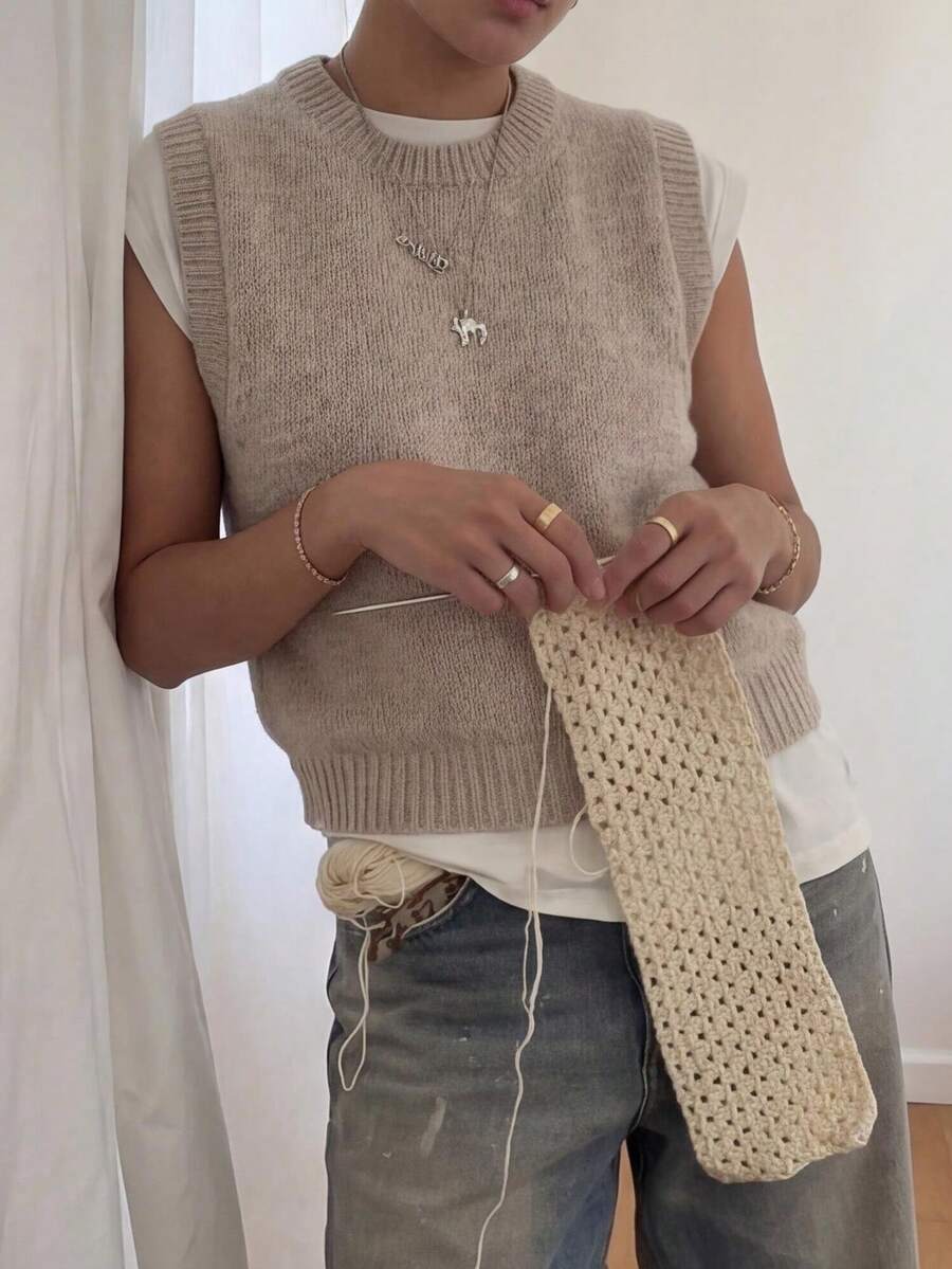 Áo vest dệt kim cổ tròn kiểu Mỹ, thiết kế tối giản cổ điển, thích hợp để mặc nhiều lớp, mùa xuân/hè. - Lạc đà - Xem 1