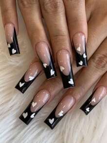 24 piezas de uñas postizas en forma de ataúd largas con diseño francés de corazones, estilo Y2K, incluye esmalte de gel y lima de uñas, adecuado para fiestas, eventos y uso diario, para mujeres y niñas, incluye herramientas de manicura, set de arte de uñas moldeable - Multicolor - Ver 7