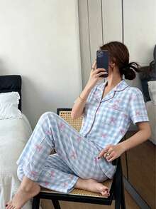 Dreamivo 2pcs Women Pajama Set, Plaid Bow Tie Short Sleeve Collared Top And Long Pants, Ladies Sleepwear Homewear For All Seasons - Baby Blue - View 5