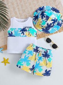 3pcs/Set Toddler Boys' Casual Coconut Tree Print Patchwork White Top With Pocket, Elastic Waist Printed Shorts And Hat Set, Comfortable Summer Vacation Outfit - Multicolor - View 3