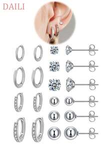 DAILI 4-10 Pairs Women's Small Flat Back Stud Earrings, Hypoallergenic Stainless Steel Earring Set, Includes Hoop And Cartilage Earrings, Suitable For Multiple Piercings, Gift Box - Silver - View 6