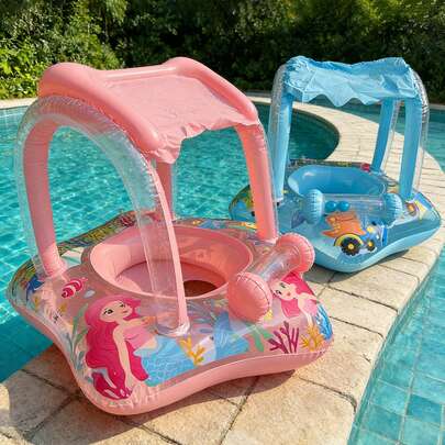 1pc Baby Swimming Ring With Canopy, Anti-Tipping, Rattle Toy, Inflatable Floating Seat For Water Play