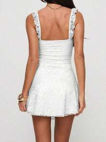 Elegant Fashion Ruffle Strap Bow Knot Lace Patchwork Sleeveless Fitted Mini Slip Dress White Summer Party - White - View 10