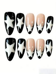 10 piezas de uñas postizas con estilo retro punk Y2K, con diseño de estrellas y remolinos, en forma de almendra con contraste blanco y negro, decoradas con cristales, uñas reutilizables para pegar, adecuadas para citas, compras, fiestas de cumpleaños, estilo vintage americano, elegante e intelectual, apropiadas para el Día de San Valentín, proporcionan una manicura de nivel de salón, excelente para el Día de la Madre, graduación, vacaciones - Multicolor - Ver 3