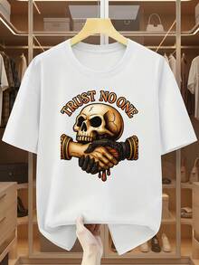 Camiseta de manga corta para hombre de talla grande, 100% algodón, con diseño gráfico de calavera y apretón de manos, que muestra individualidad con un diseño único y moderno.Camiseta cómoda y casual de manga corta para el verano, TALLA GRANDE - Negro - Ver 3