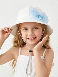 1 pieza Nuevo sombrero de cubo con gran lazo de malla azul, sombrero de sol para niños de primavera/verano, ajustable, transpirable, ligero, plegable, suave y lavable para niñas - 1PC - Ver 7