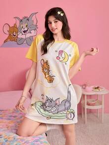 Noctvar OBM Sleepwear X TOM & JERRY Áo ngủ tay ngắn dáng rộng in hình hoạt hình mèo và chuột mới về. - Nhiều màu - Xem 5