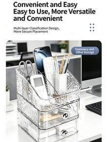 1pc/3pcs Stackable Transparent Ice-Pattern Storage Box, Student Desk Stationery Pencil Holder, Drawer-Style Office Cosmetic Organizer, Super Convenient For Accessing Stationery! Multi-Compartment + Drawer Design, Categorizing Pencils, Colored Pens, Erasers, Sticky Notes, And Other Stationery To Say Goodbye To Desktop Clutter. Available In Transparent/Gray Dual Colors, Effortlessly Creating A Tidy And Organized Study/Workspace Environment, Maximizing Both Aesthetic Appeal And Practicality! - Multicolor - View 6