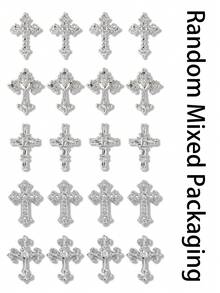 10 piezas/50 piezas Decoraciones de uñas de metal con cruz vintage en oro y plata, Accesorios de uñas DIY con brillos metálicos y rhinestones estilo Y2K, Adecuado para mujeres y niñas, Suministros de arte de uñas, Pegatinas de uñas, Joyería de uñas, Gemas de uñas - Multicolor - Ver 14